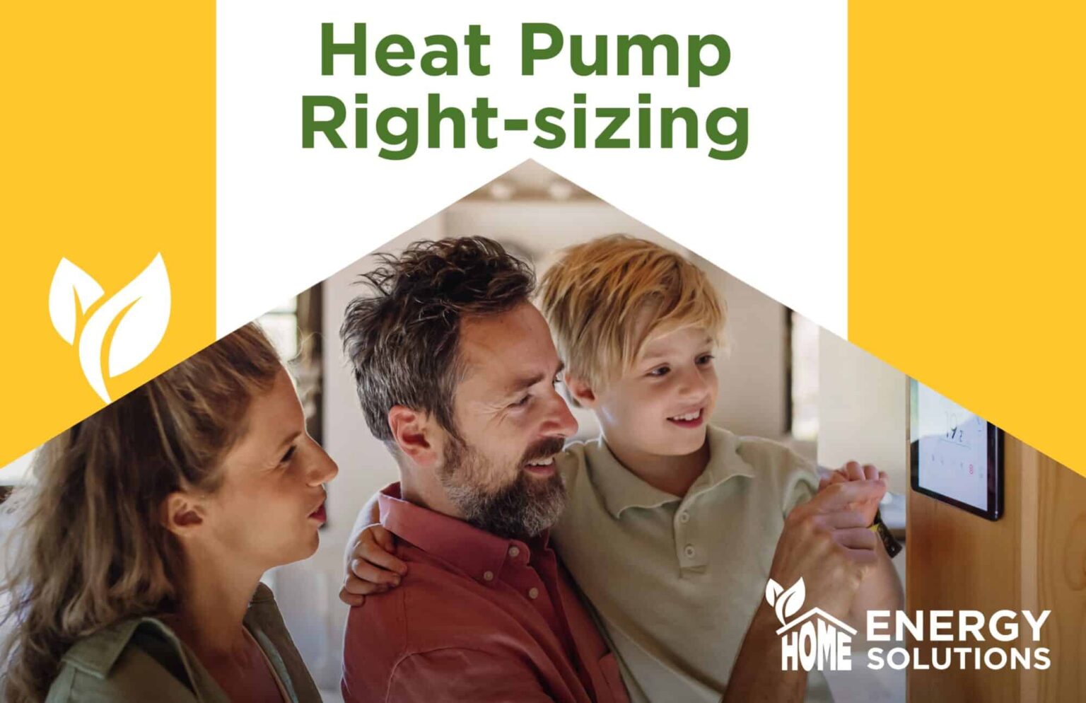 Graphic showing photo of family of 3 looking at thermostat with text that says Heat Pump Right-sizing Service and logos for Green Communities Canada and Home Energy Solutions