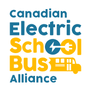 Blue and yellow Canadian Electric School Bus Alliance Logo with a Yellow School Bus icon