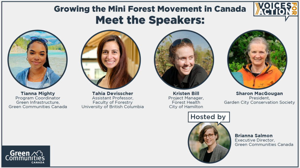 Presentation slide featuring 4 speakers and host for the mini forest movement