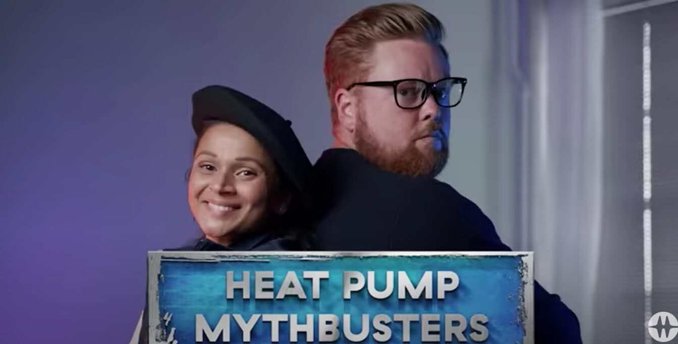 Woman and man standing back to back looking at camera. Text on screen says Heat Pump Mythbusters. BC Hydro logo in corner.
