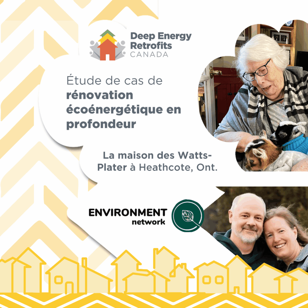Graphique de marque avec logo pour Deep Energy Retrofits Canada et Environment Network dessus. Photos de famille montrées. Le texte dit : « Étude de cas sur la rénovation énergétique profonde : La maison Watts-Plater à Heathcote, ON »