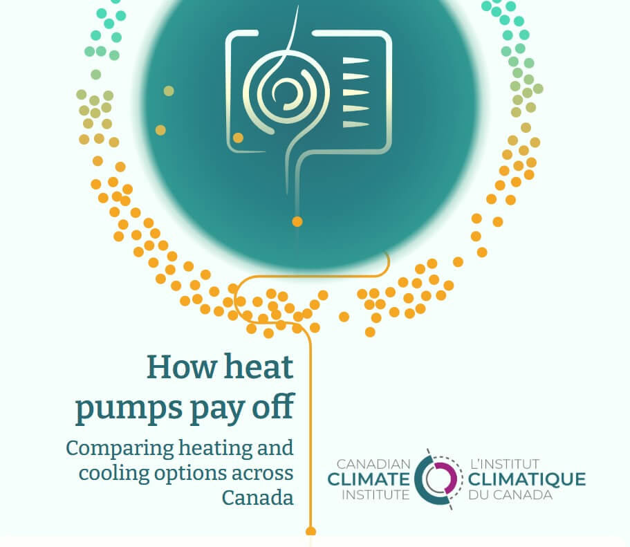 Decorative image of heat pump with text saying “How heat pumps pay off: comparing heating and cooling options across Canada.” Logo of Canadian Climate Institute/L’institut Climatique du Canada.