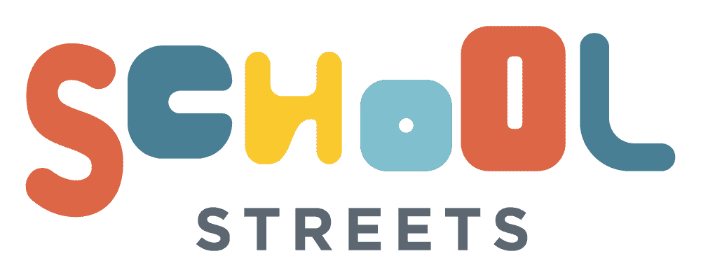 School Streets logo with the word “School” in rounded, multicoloured letters, and “Streets” in grey uppercase letters below.