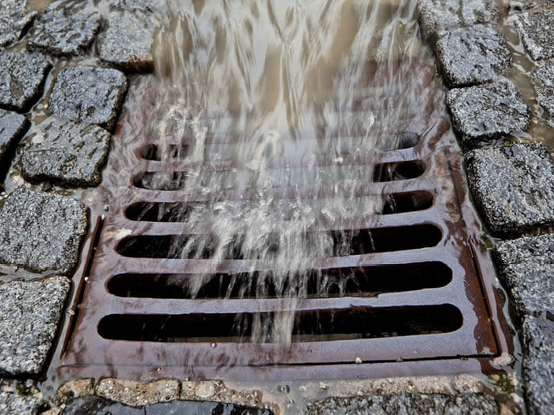 A storm sewer grate on a street, with rain water flowing into it from the surrounding pavement.
