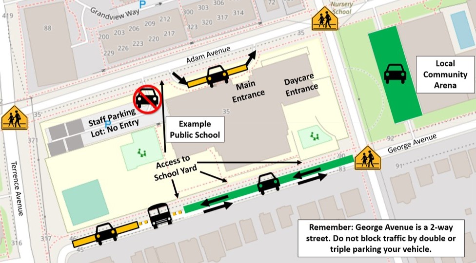 Map of Example Public School showing designated drop-off, pick-up, and parking areas.