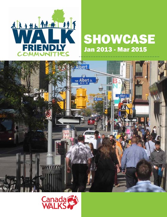 Walk Friendly Ontario Showcase cover image. The 'Canada Walks' logo is at the bottom left, and there is an image of a busy street with pedestrians walking along a crowded sidewalk.
